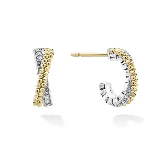 Caviar beaded X hoop earrings