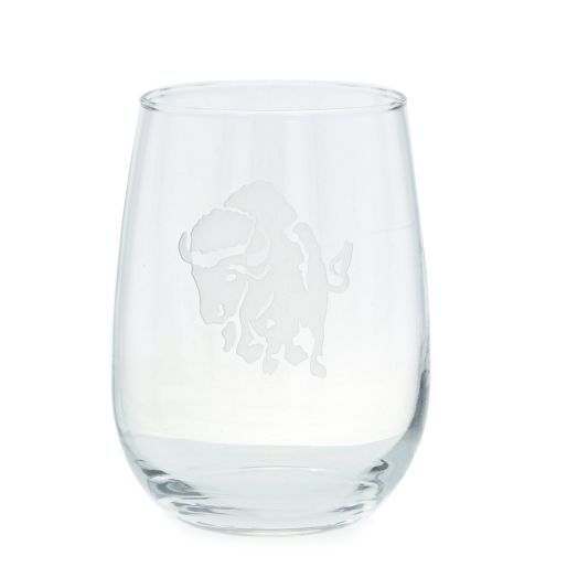 stemless wine glass with charging buffalo etching